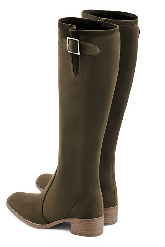 Khaki green women's knee-high boots with buckles. Round toe. Low leather soles. Made to measure. Rear view - Florence KOOIJMAN